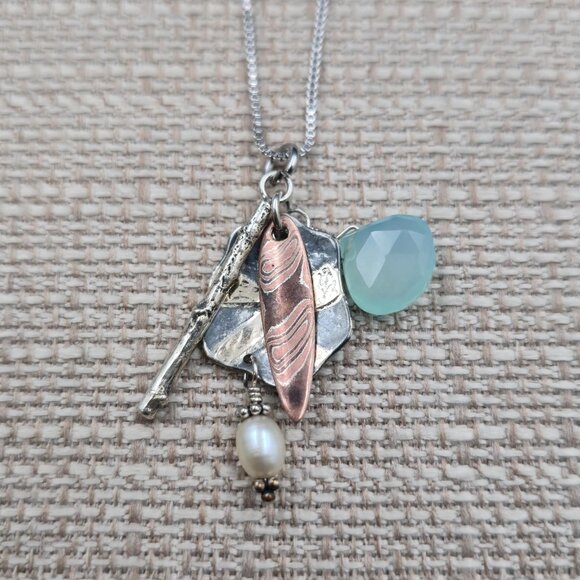 18 Inch Sterling Silver Various Charms Stone Pearl Necklace A7079 - Picture 3 of 7